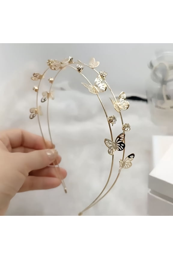 Double-Layer Butterfly Fairy Headband with Premium Flowers, Sweet Rhinestone Headpiece for Outings, French-Style Light Luxury Hair Clip, Elegant Hair Accessory