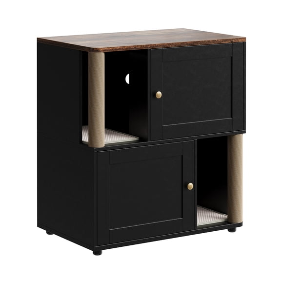 Double Layer Cat Litter Box Enclosure for 2 Cats, Hidden Litter Box Furniture with Cat Scratching Post and Board, 2 Story Wooden Cats Washroom or Bed