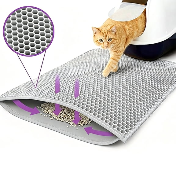 Double-Layer Cat Litter Mat, 18in x 24in, EVA Material, Non-Slip, Large Holes for Easy Cleaning, Gray