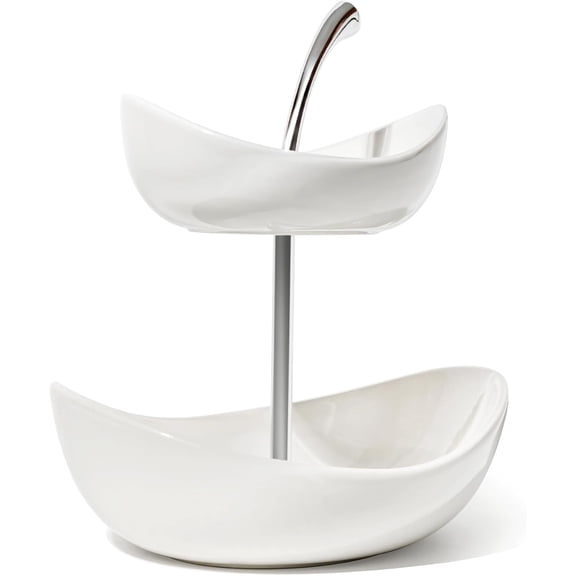 Double Layer Cherry-Shaped Ceramic Fruit Bowl, 2-Tier Countertop Fruit Basket for Kitchen, Modern Decorative Serving Platter for Fruits, Snacks, Candies (White)