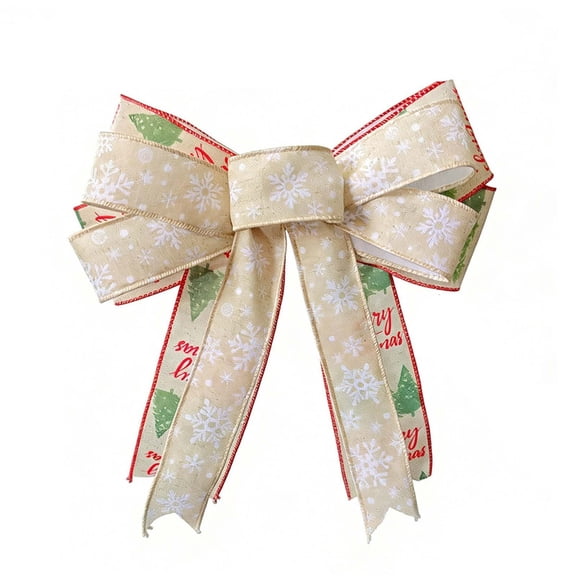 Double Layer Christmas Bow Wreath Ornament – Snowflake Printed Linen Ribbon Hanging Decor for Tree Mantel Front Door