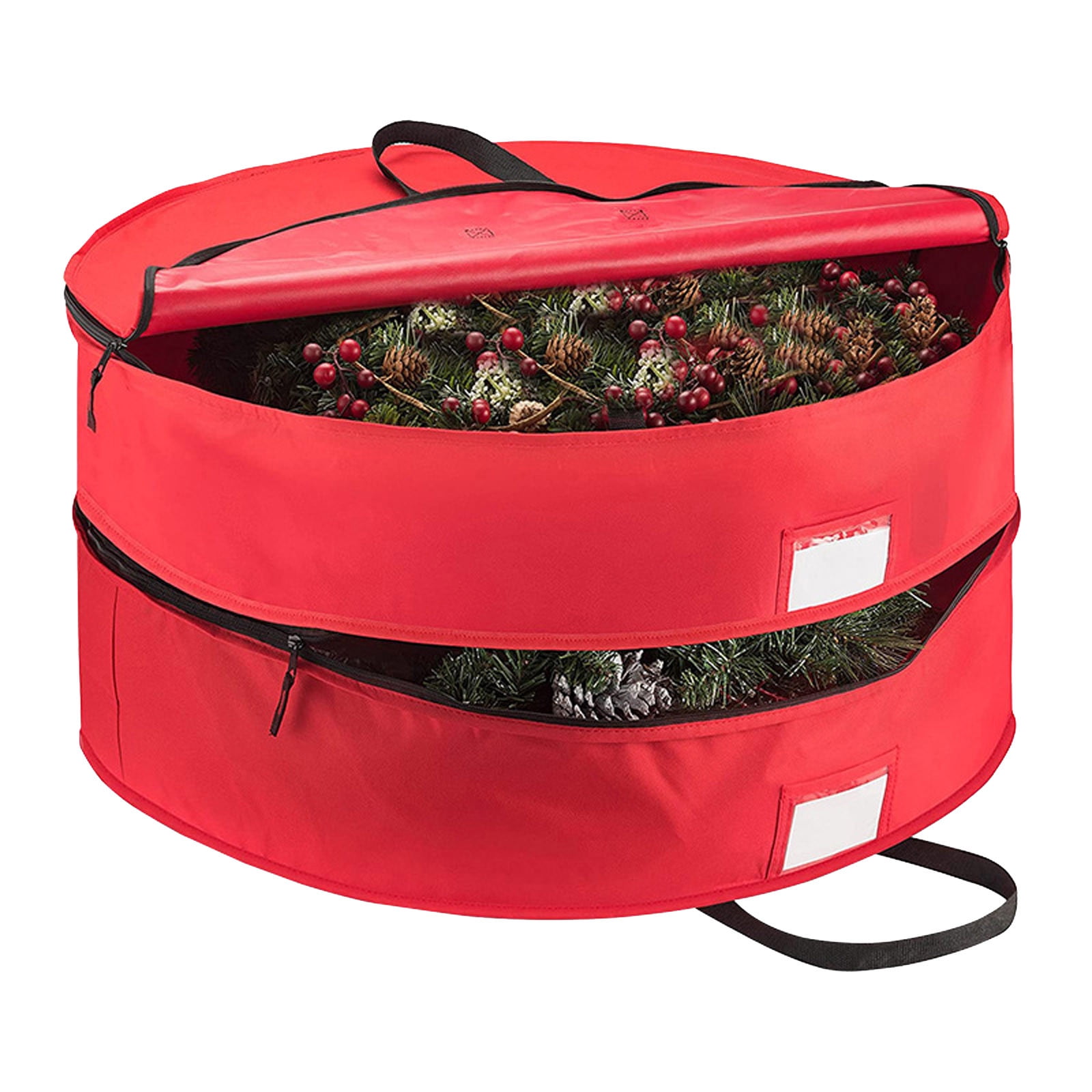 Double Layer Red Christmas Wreath Storage Bag - 30 Inch Holiday Garland & Decoration Organizer Box With Dual Zippers & Handles