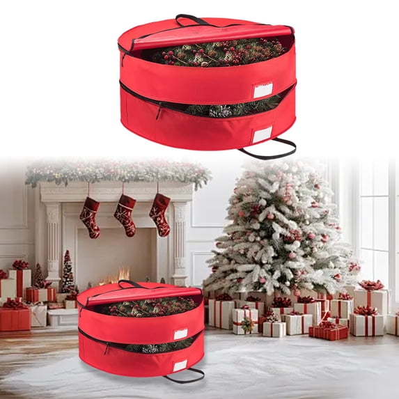 Double Layer Christmas Wreath Storage Container Bags Wreath Storage Bag with Carry Handle Double Wreath Storage Container Zippered Bag with Handle Festive Storage Box Storage for Xmas Garlands