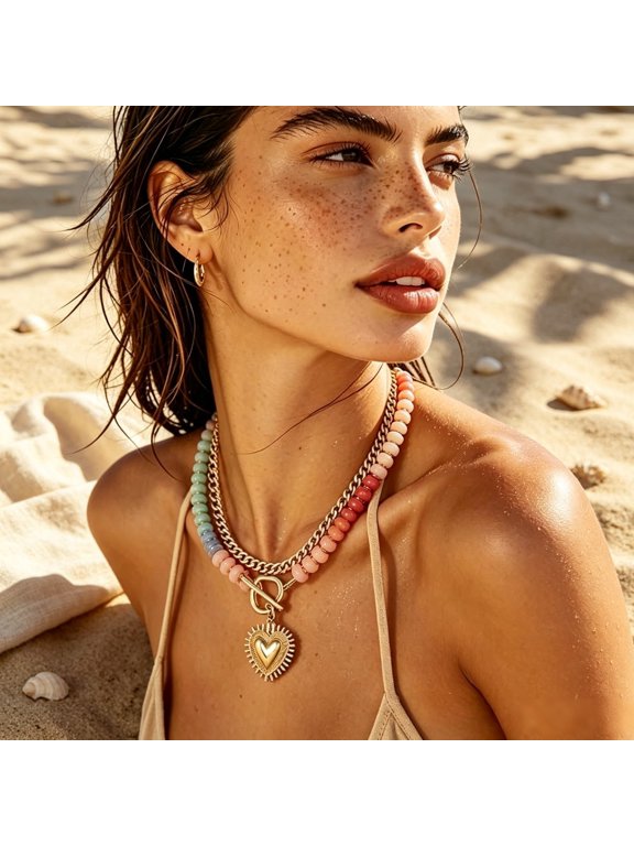 Double Layer Chunky Chain Necklace for Women, Multicolor Acrylic Beaded Choker with Gold Heart Charm Pendant, Boho Summer Beach Stacked Jewelry