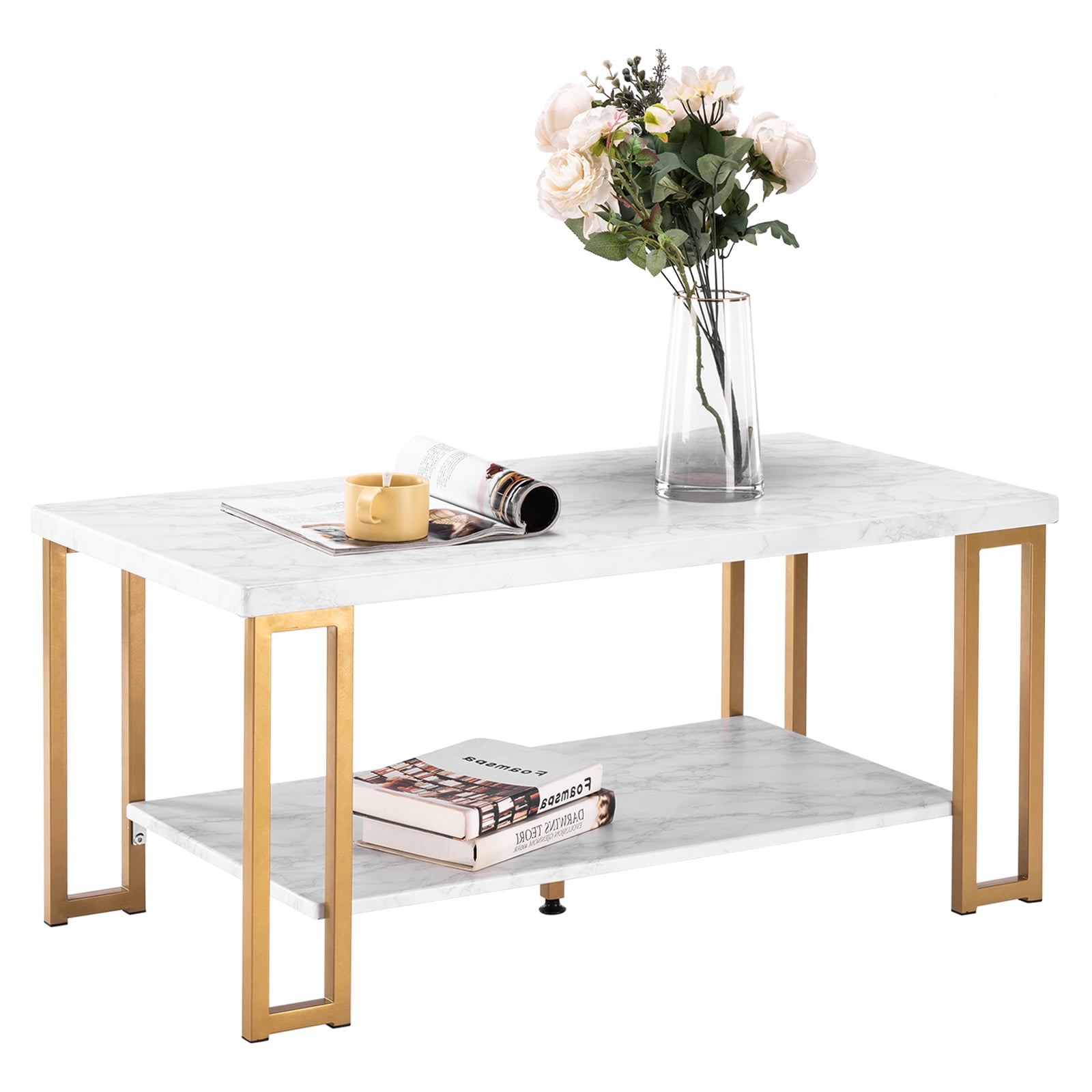 Double-Layer Coffee Table, Faux Marble PVC Tabletop with Metal Frame, Rectangular Side Table, 110 lbs Capacity for Living Room Home Decor