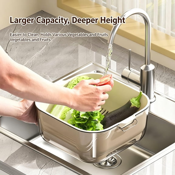 Double Layer Colander Two Tier Wash Basin, Plastic Kitchen Fruit Vegetable Rinsing Draining Container, Multifunctional Food Washing Basket for Daily Household Meal Prep, White