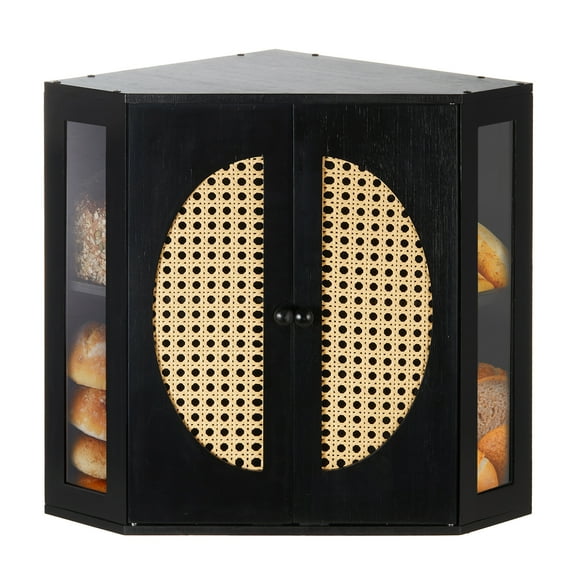 Double Layer Corner Bread Box for Kitchen Counter with Height-adjustable Partition, Black Bamboo Wooden Bread Box for Multiple Loaves, Modern Breadbox for Kitchen Countertop -Large