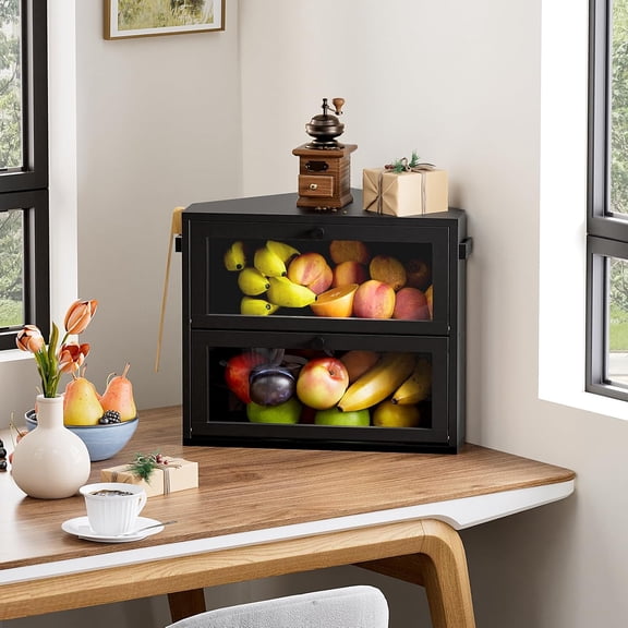 Double Layer Corner Bread Box for Kitchen Countertop, Large Bread Storage Holder for Homemade Bread, Black Under Cabinet Organizer