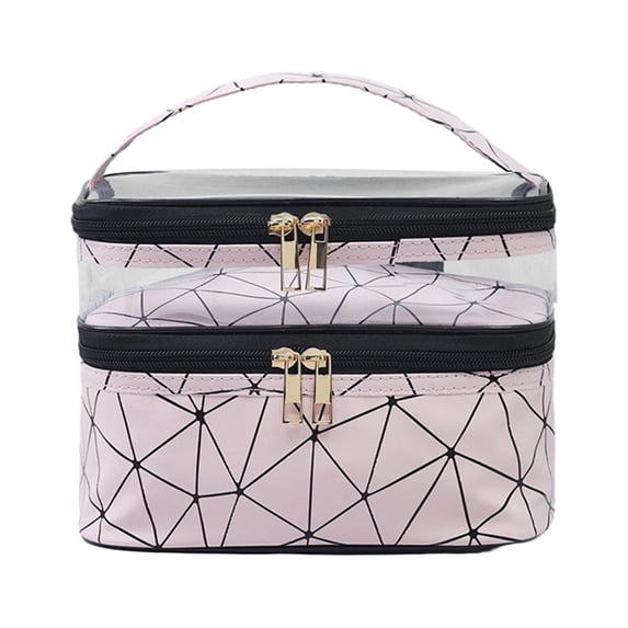 Double Layer Cosmetic Bag Make up Organizer with Handle Waterproof Travel Cosmetic Bag Toiletry Bag for Traveling Activities Pink