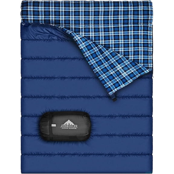 Double-Layer Cotton Flannel 2-Person Rectangular Sleeping Bag for Camping and Hiking Queen Size, 3-Season, 615 C, Waterproof, Lightweight with Compression Sack