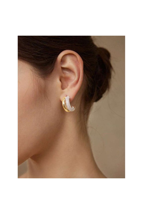 Double Layer Cubic Zirconia Hoop Earrings In Yellow Gold Finish