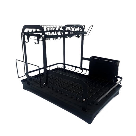 Double Layer Dish Dryer Rack with Sloped Drainage Board Utensils Holder Cutlery Divider with Hook for Kitchen