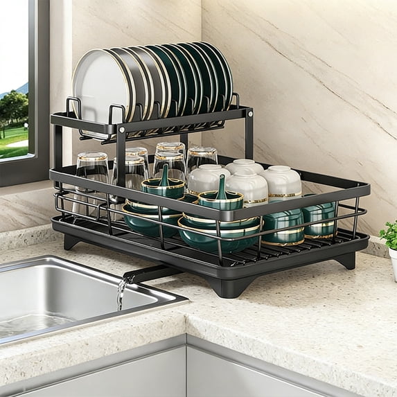 Double Layer Dish Drying Rack, Carbon Steel Bowl and Utensil Draining Basket, Countertop Dish Organizer with Built In Drain Tray, Kitchen Storage Rack for Bowls and Chopsticks