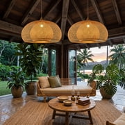 Double Layer Dome Handwoven Rattan Pendant Light Natural Wicker Open Weave Hanging Lamp
