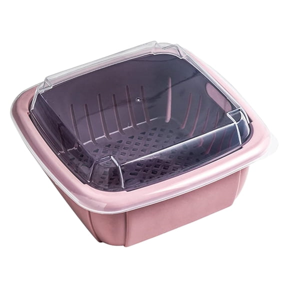 Double Layer Drainage Basket,Vegetable Washing Container, Fruit Rinsing Tool, Refrigerator Storage Bin with Lid, Durable Strainer and Washing Fruits Vegetables Kitchen Colander Set(Pink,8.6x8.6x4.3")