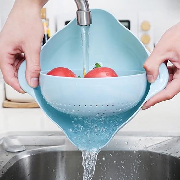 Double Layer Draining Basket, Rotating Vegetable Washing Strainer, 2 in 1 Kitchen Colander with Bowl, Fruit Washing Drainer for Home, Rice Rinsing Basin, Space-Saving Kitchen Gadgets