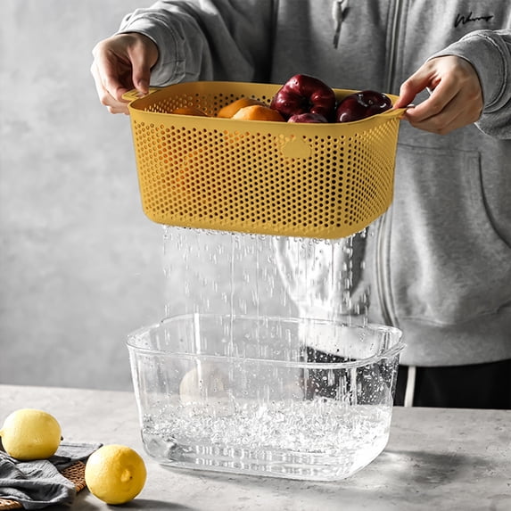 Double Layer Drains Basket with Cover Kitchen Fruit Vegetable Basket Household Portable Vegetable Washing Basin Picnic Basket, Sturdy Plastic Construction, Modern Simple Design, Efficient