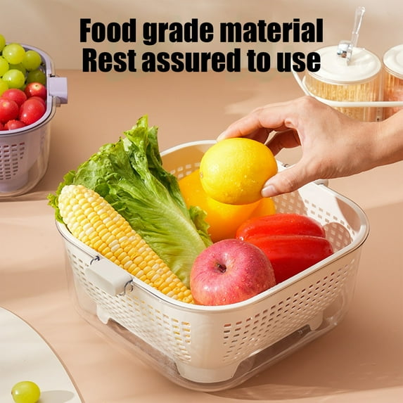 Double Layer Drains Basket with Lid | Kitchen Colander for Washing Fruits & Vegetables | Portable Food Storage Container | White Plastic