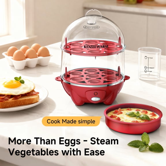 Double Layer Egg Cooker -3 in 1 Electric Egg Steamer Holds 14 Eggs-for Boil, Poach, Steam Eggs & Veggies, Compact Breakfast Appliance