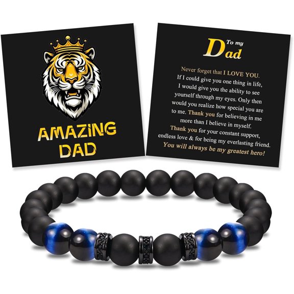 Double-Layer Elastic Rope Bracelet for Men, To My Husband Son Brother with Sentimental Card, 8MM Black Agate and Blue Tiger Eye, 7.8 Inch-tomydad-