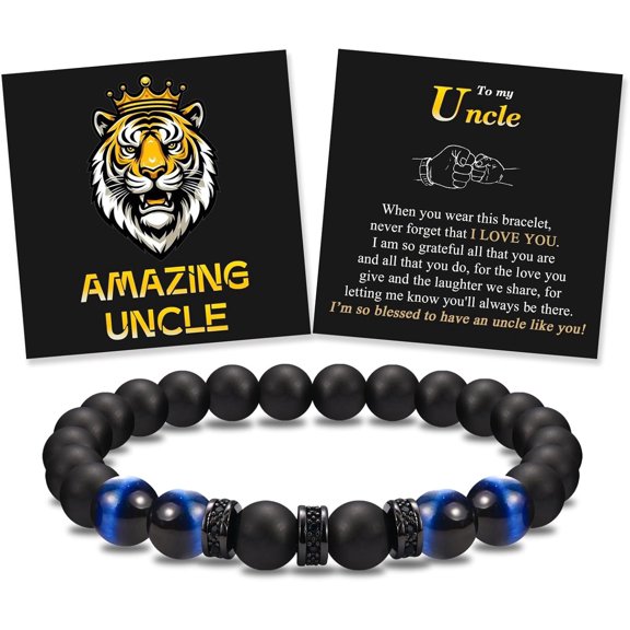 Double-Layer Elastic Rope Bracelet for Men, To My Husband Son Brother with Sentimental Card, 8MM Black Agate and Blue Tiger Eye, 7.8 Inch-tomyuncle-