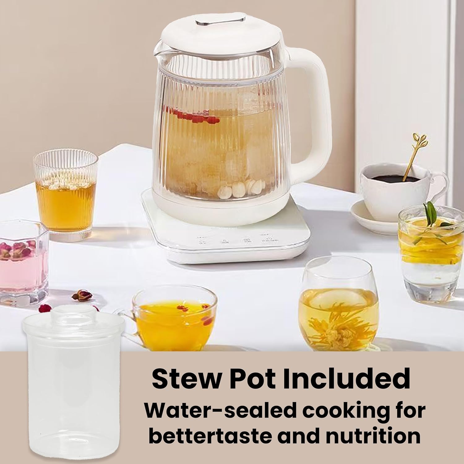 Double-Layer Electric Kettle 1.5L with Stew Pot, 9-in-1 Glass Tea Maker, Programmable Touch Panel, Stainless Steel Base for Soup Porridge Herbal Tea, White