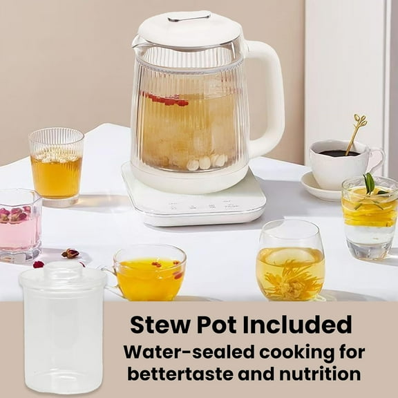 Double-Layer Electric Kettle 1.5L with Stew Pot, 9-in-1 Glass Tea Maker, Programmable Touch Panel, Stainless Steel Base for Soup Porridge Herbal Tea, White