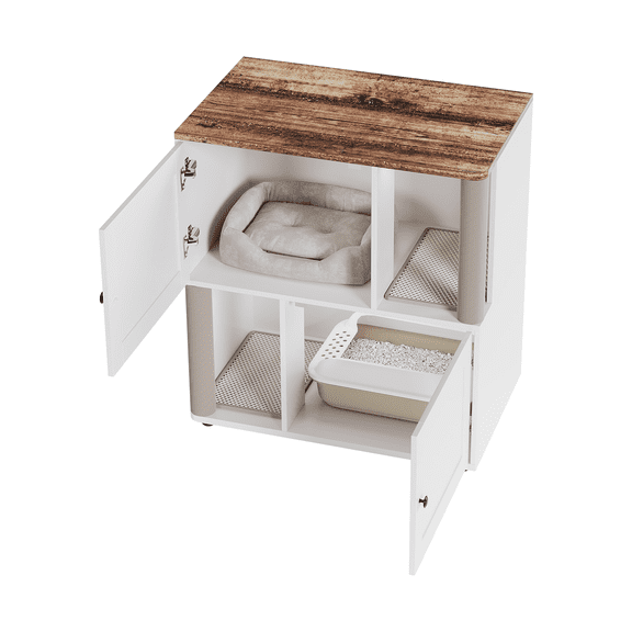 Double Layer Enclosed Cat Litter Box Cabinet with Scratching Posts, Mat, and Door - Wooden Furniture for Most Litter Boxes