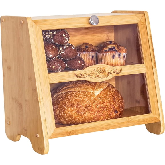 Double Layer Farmhouse Bread Box with Window for Kitchen Counter, Large Capacity Storage Container for Bread Loaves, Muffins, Bagels, Rolls and More