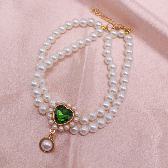 Double Layer Faux Pearl Pet Necklace – with Gem Pendant,Princess Style Crystal Collar for Cats & Dogs,Dress Up Party Accessory