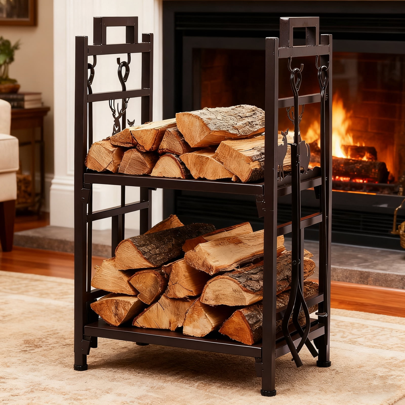 Double Layer Firewood Holder With Animal Pattern And Tools, Brown