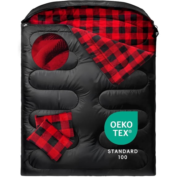 Double-Layer Flannel Sleeping Bag for Adults – XL Queen Size, 2-Person Rectangular All-Season Camping Bag with Zipper, 0 ° C Rated, Black and Red
