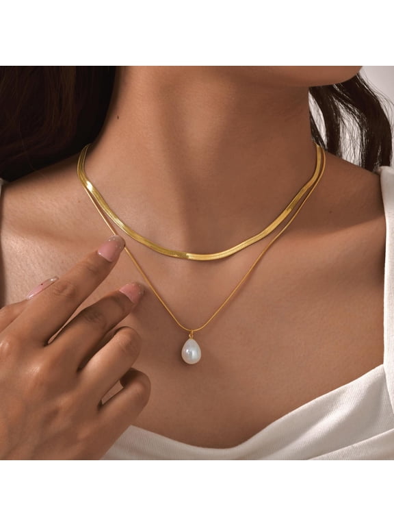 Double Layer Flat Snake Chain Motif Pendant Necklace for Men Women, 14K Gold Filled Glossy Trimmed Reliable Hand finished Jewelry