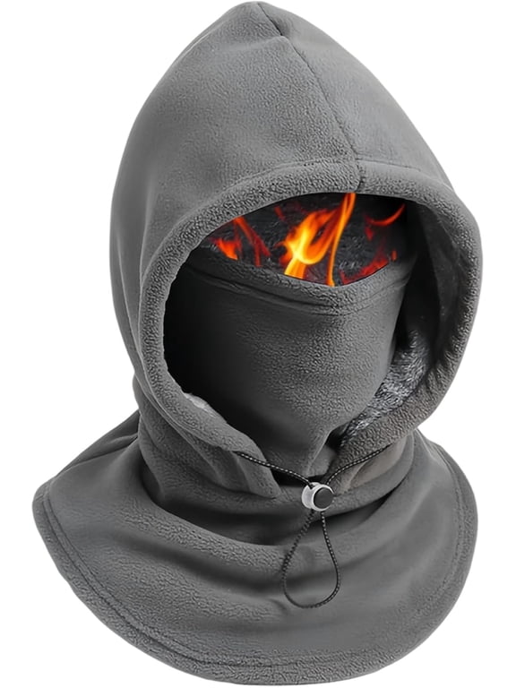 Double Layer Fleece Hooded Hat, 3-in-1 Integrated Winter Hat with Face Cover and Neck Warmer, Adjustable Drawstring, Unisex