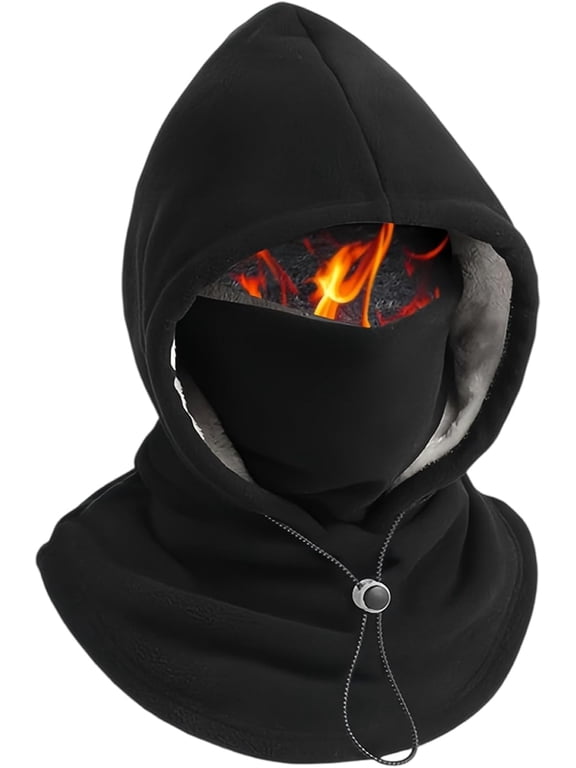 Double Layer Fleece Hooded Hat, 3-in-1 Integrated Winter Hat with Face Cover and Neck Warmer, Adjustable Drawstring, Unisex