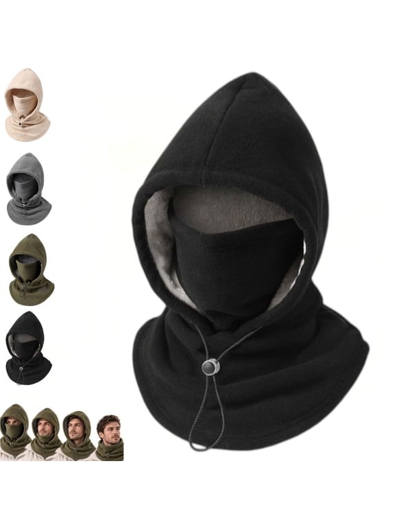 Double Layer Fleece Hooded Hat, 3-in-1 Winter Balaclava Face Cover with Adjustable Drawstring for Skiing, Hiking, Cycling and Outdoor Activities