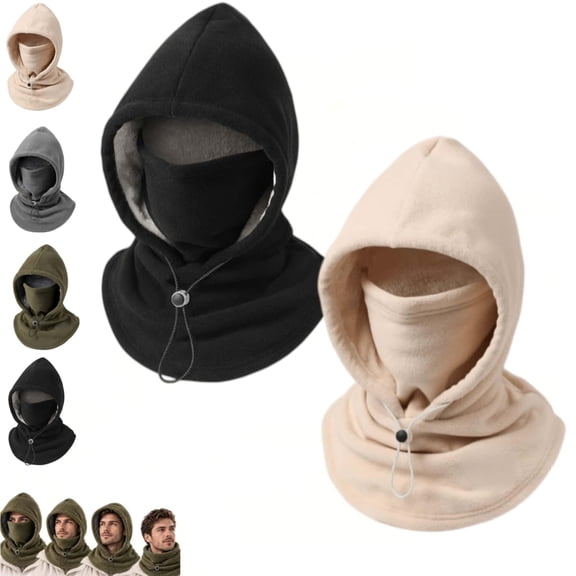 Double Layer Fleece Hooded Hat, 3-in-1 Winter Balaclava Face Cover with Adjustable Drawstring for Skiing, Hiking, Cycling and Outdoor Activities