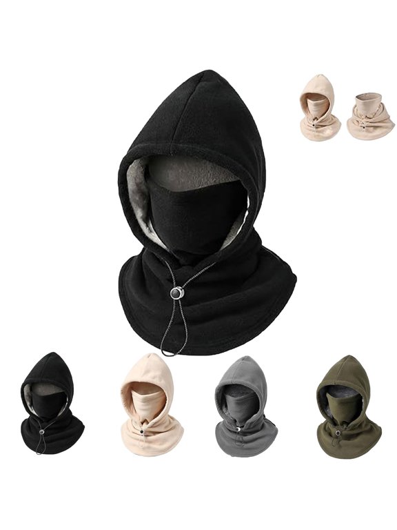 Double Layer Fleece Hooded Hat, 3-in-1 Winter Hat with Face and Neck Coverage for Outdoor Activities