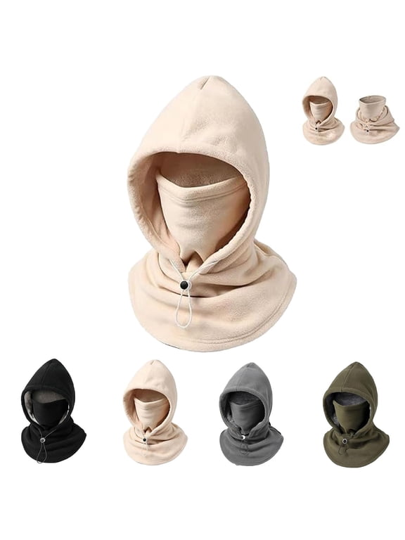 Double Layer Fleece Hooded Hat, 3-in-1 Winter Hat with Face and Neck Coverage for Outdoor Activities