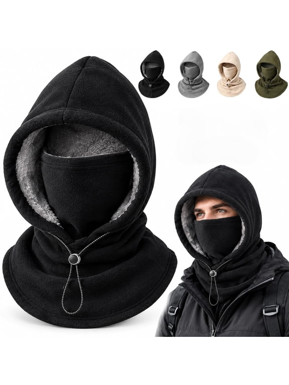 Double Layer Fleece Hooded Hat, Hooded Hat with Neck Gaiter, 3-in-1