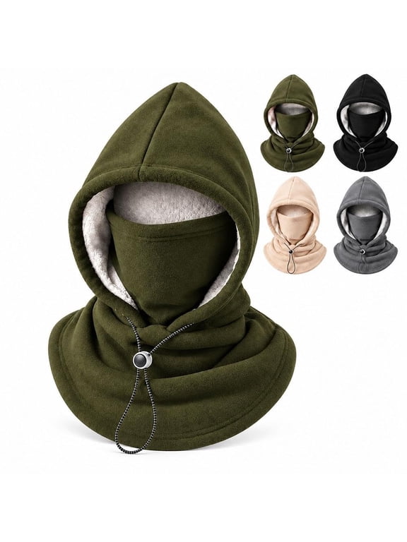 Double Layer Fleece Hooded Hat Integrated One Piece Balaclava 3-In-1 Flannel Warm Windproof Hoodie with Mask for Men Ski Winter Outdoor Cycling Motorcycle Full Face Oover Hood