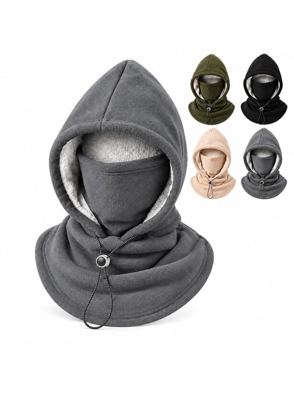 Double Layer Fleece Hooded Hat Integrated One Piece Balaclava 3-In-1 Flannel Warm Windproof Hoodie with Mask for Men Ski Winter Outdoor Cycling Motorcycle Full Face Oover Hood