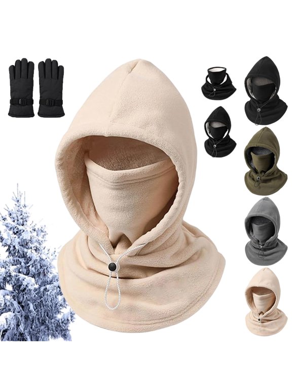 Double Layer Fleece Hooded Hat, Warm Winter Face Cover Hat with Integrated Neck Gaiter for Cold Weather