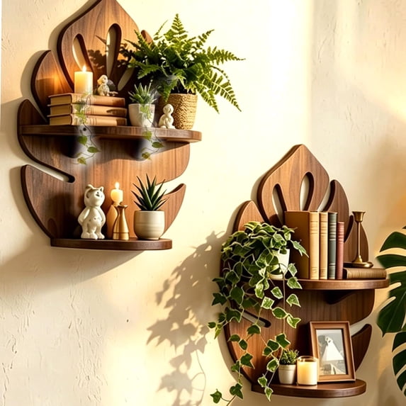 Double Layer Floating Shelves for Wall, 2 Pack Brown Palm Leaf Design ...
