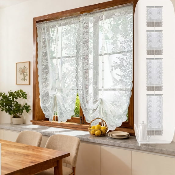 Double Layer Floral Blackout Curtain Panel – Lace Sheer Draw Back Rod Pocket Window Curtain, White Polyester, Multiple Sizes, Bedroom Living Room Kitchen