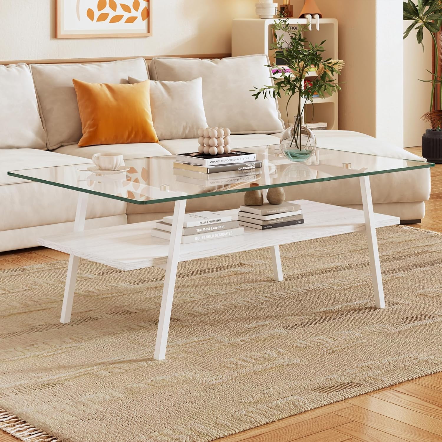 Double Layer Glass Coffee Table for Living Room, 38.58" Rectangle