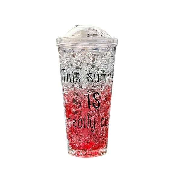 Double Layer Gradient Tumbler with Straw Gel Cooling Cup Leakproof Sliding Lid Iced Drink Insulated Mug for Summer Outdoor Travel