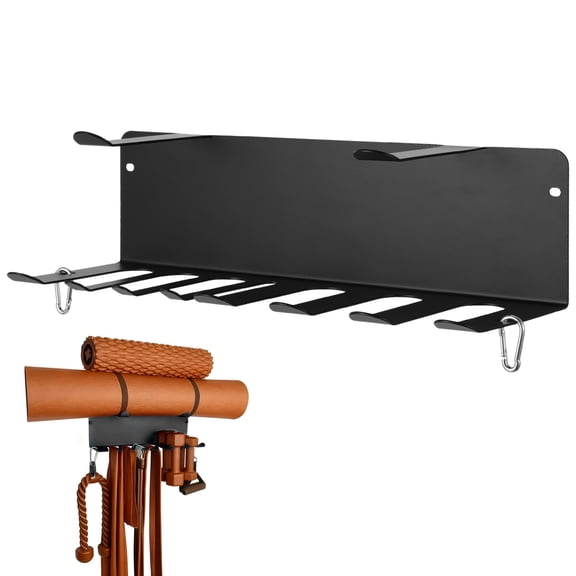 Double Layer Gym Storage Rack with Hanging Hooks, Wall Mount Metal Fitness Equipment Storage Rack, Home Gym Organizer for Exercise Bands, Yoga mat, Jump Ropes, Weight Belts, Straps