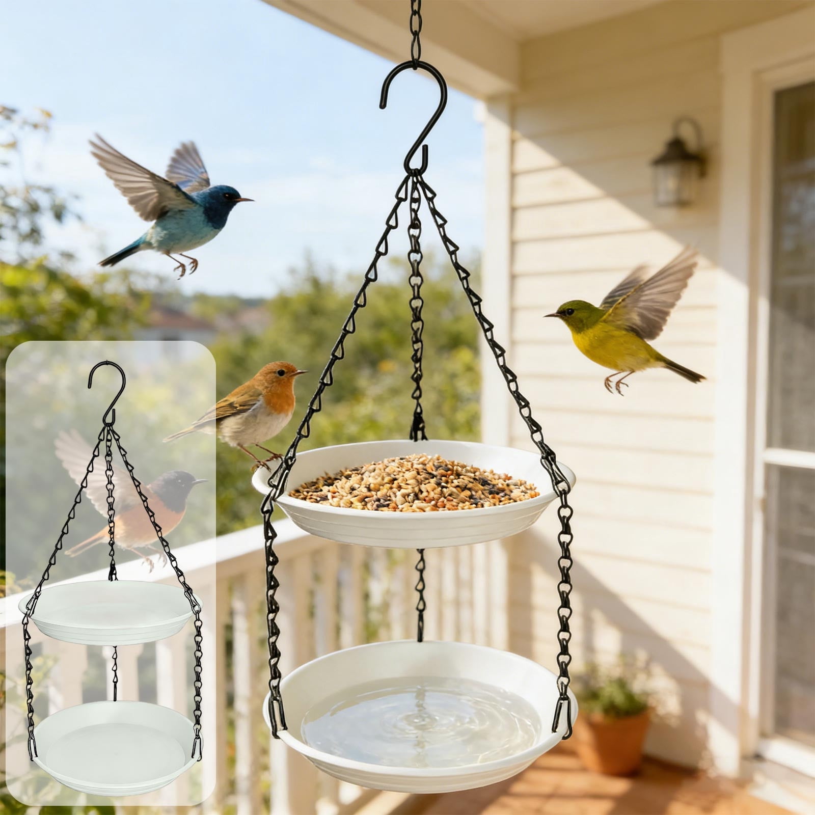 Double Layer Hanging Bird Feeder 2-in-1 Outdoor Tray for Water and Wild Bird Seed, Compact White Plastic Feeding Dish with Chain, Easy to Clean for Garden Patio