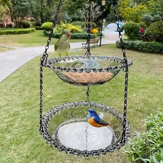Double-Layer Hanging Bird Feeder – Plastic, Gray, for Feeding & Bird Bathing, Easy Clean